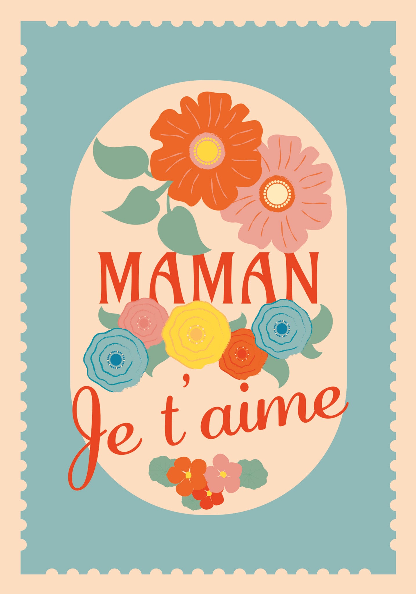 Carte postale MAMAN, Je t’aime – illustration florale avec typographie rouge sur fond vert pastel, bouquet de fleurs rétro.