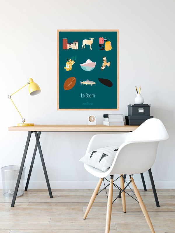 Illustration Le Béarn – Les Iconiques accrochée dans un bureau aux tons naturels.