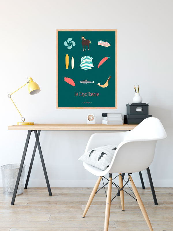Illustration du Pays Basque par Julie Roubergue, exposée dans un bureau ou une maison de vacances.