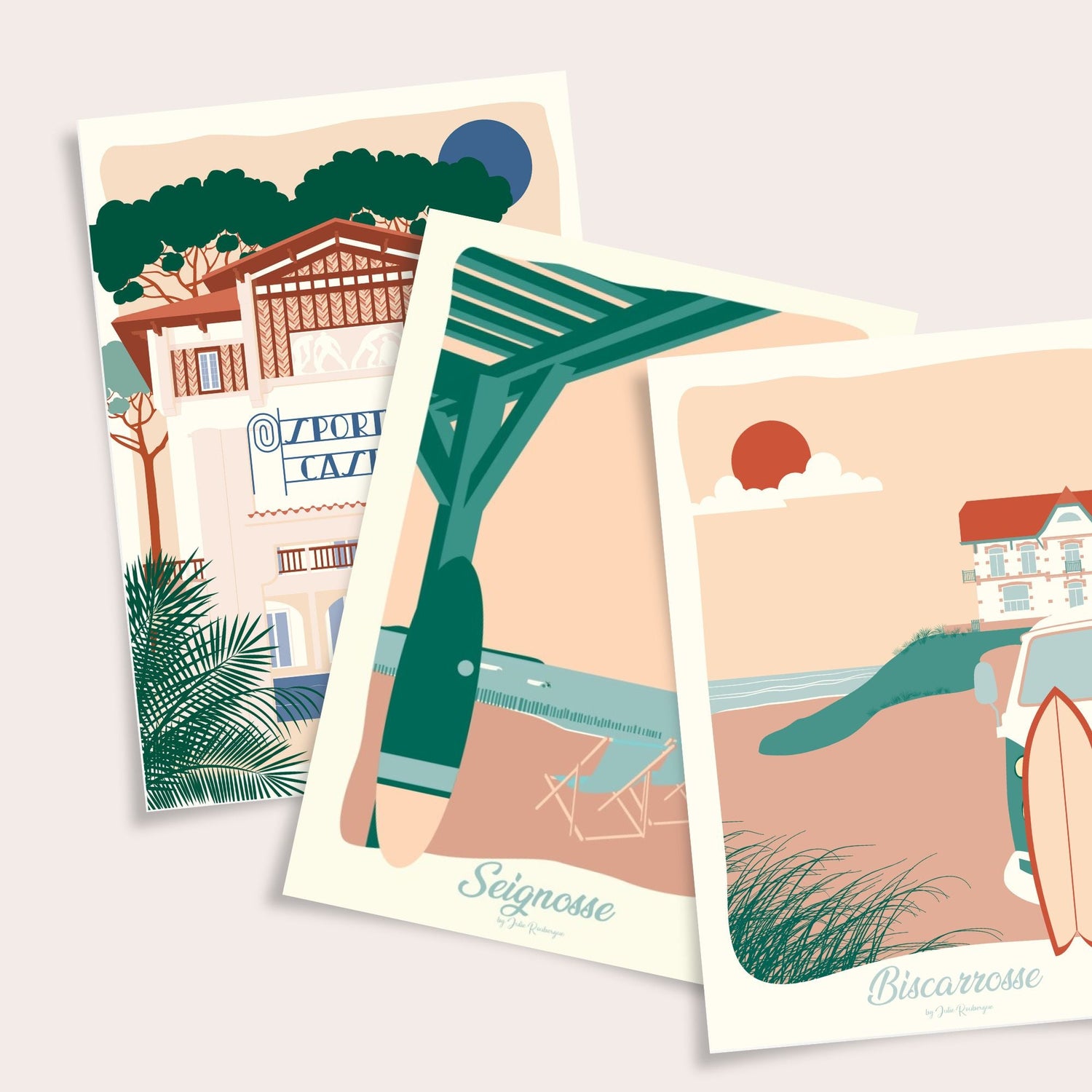 Cartes postales Les Landes surf océan illustration Julie Roubergue