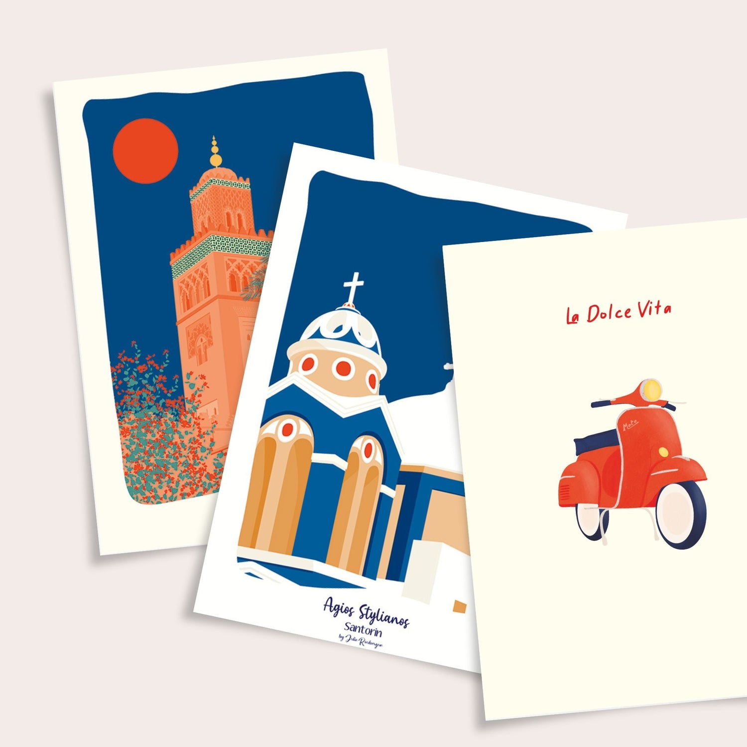 Cartes postales voyage Londres Marrakech Santorin illustration Julie Roubergue