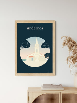 Affiche d’Andernos-les-Bains dans un intérieur lumineux, ambiance douce et bassin d’Arcachon.