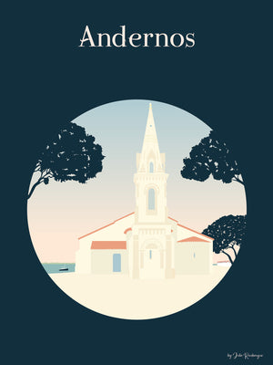 Illustration de l’église d’Andernos-les-Bains, style épuré, pins et coucher de soleil sur le Bassin d’Arcachon.