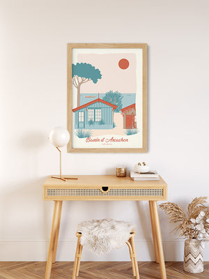 Affiche illustrée intitulée BASSIN D'ARCACHON, L'Herbe par Julie Roubergue. L'affiche est dans des tons pastels.