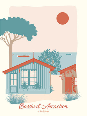 Affiche illustrée intitulée BASSIN D'ARCACHON, L'Herbe par Julie Roubergue. L'affiche est dans des tons pastels.