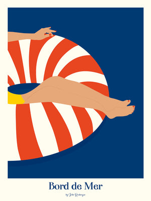 llustration estivale et minimaliste d’une femme allongée sur une bouée rayée, style rétro chic bord de mer.