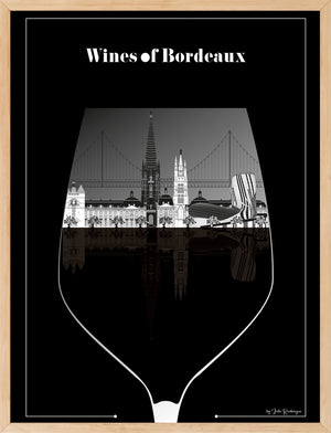 Affiche Bordeaux – Le Verre de Vin encadrée, format 50x70 cm, idéale pour une décoration murale sur le thème du vin et de l’architecture.