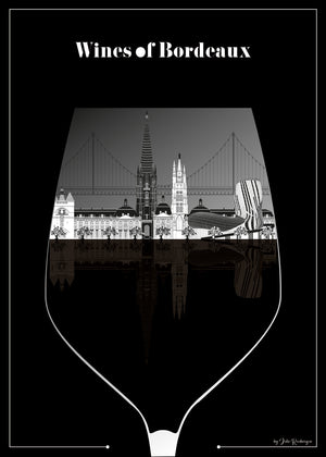 Illustration graphique de Bordeaux dans un verre de vin, monuments emblématiques en noir et blanc, affiche design et élégante.