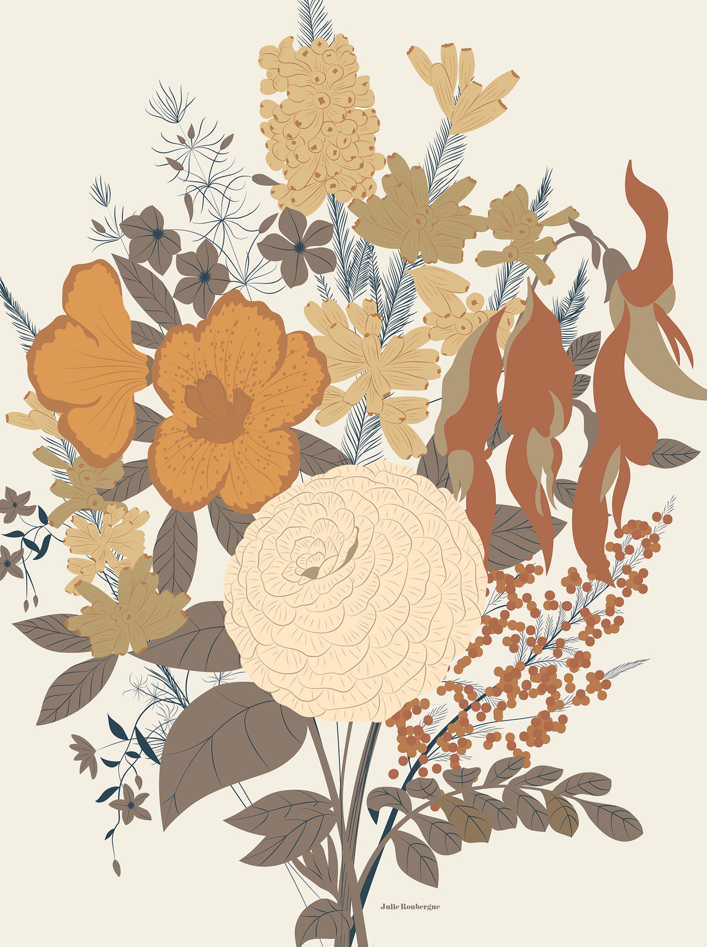  Illustration florale automnale sur fond clair, avec des fleurs aux tons ocre, beige et caramel.