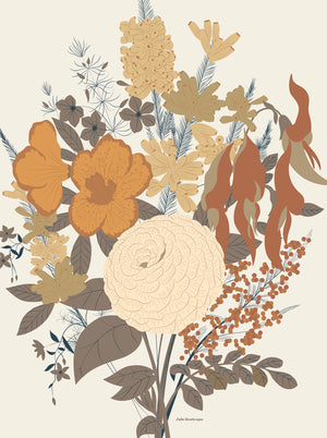  Illustration florale automnale sur fond clair, avec des fleurs aux tons ocre, beige et caramel.