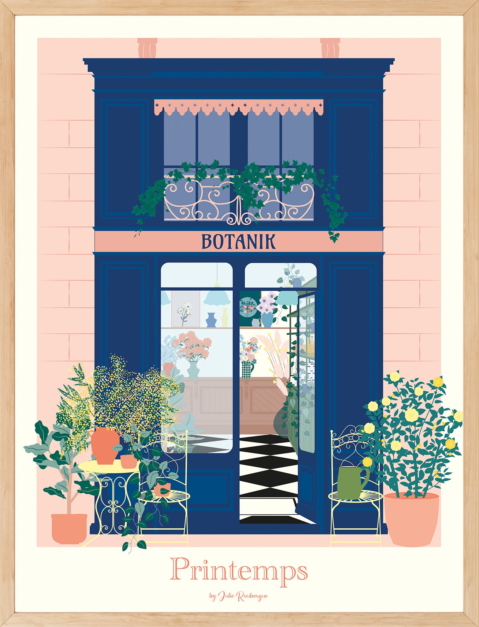 Affiche encadrée Boutique Fleurie – Printemps en Ville, format 30x40, parfaite pour une décoration murale florale et élégante.