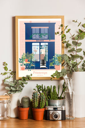 Affiche murale Boutique Fleurie dans un intérieur lumineux, idéale pour une déco printanière et poétique.