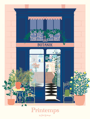 Illustration boutique fleurie avec façade bleue, plantes en pots et ambiance printanière. Affiche poétique et décorative.