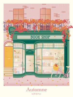  Illustration de la devanture d’une librairie en automne, avec vélo rose, citrouille et feuilles tombantes – affiche "Boutique Littéraire – Automne en Ville" par Julie Roubergue.