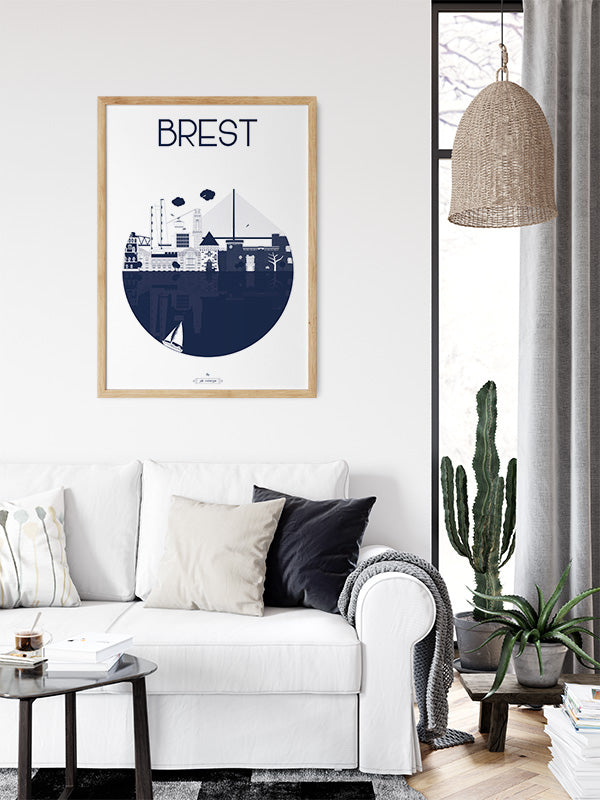Affiche murale Brest – mise en scène dans un salon moderne avec touches maritimes.
