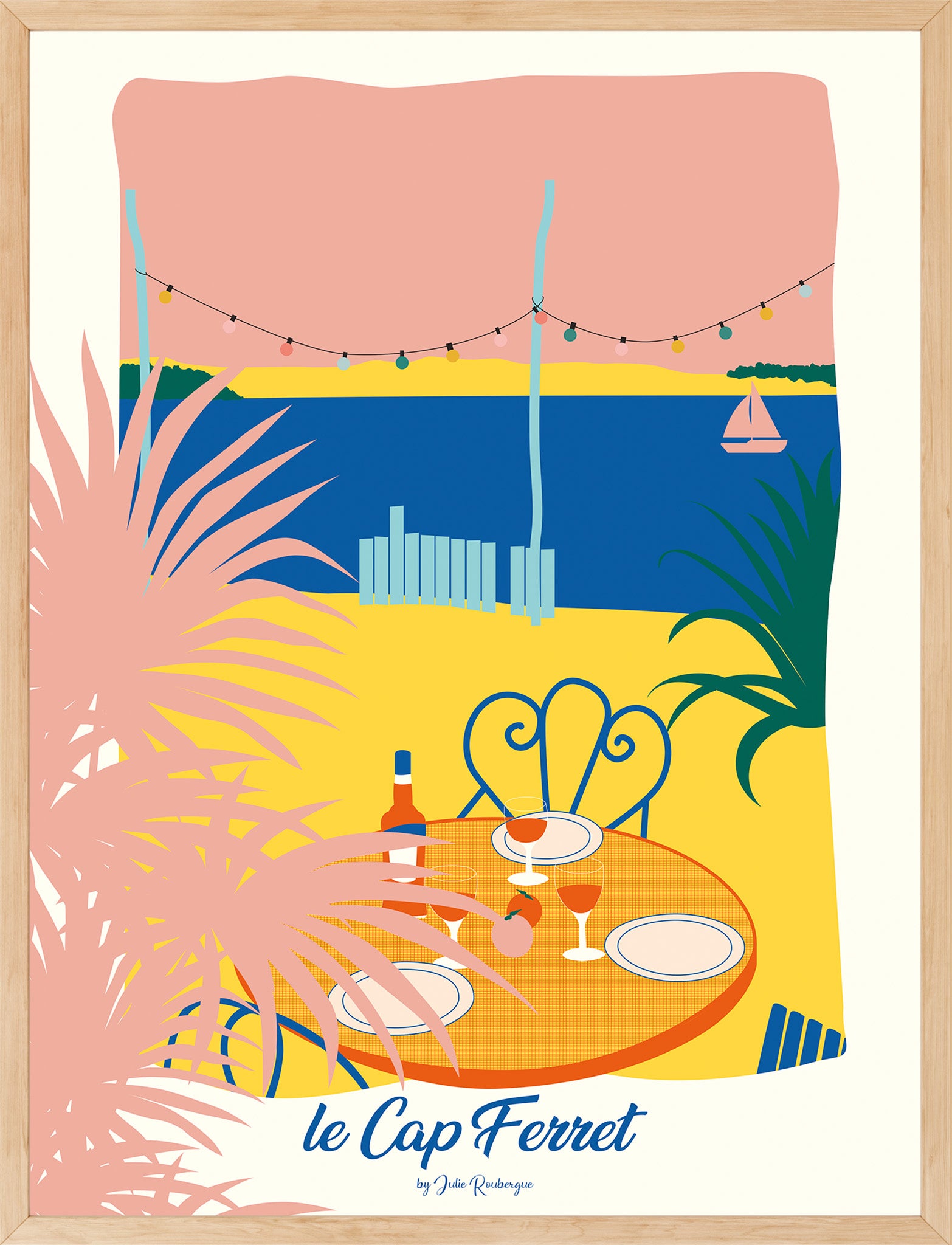 Affiche Cap Ferret – La Cabane, encadrée en noir, version colorée, déco bord de mer graphique.