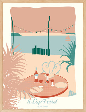 Affiche Cap Ferret – La Cabane, encadrée en bois clair, version pastel, décoration murale apaisante.