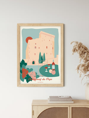Affiche murale du château de Châteauneuf-du-Pape dans un intérieur, ambiance vin, terroir et sud de la France.