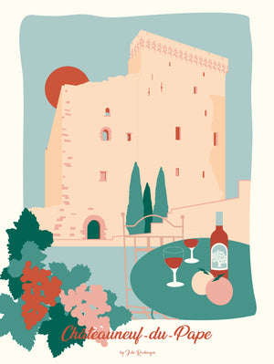 Illustration du château de Châteauneuf-du-Pape, affiche décorative aux tons chauds avec vin, raisin et fruits du Sud.