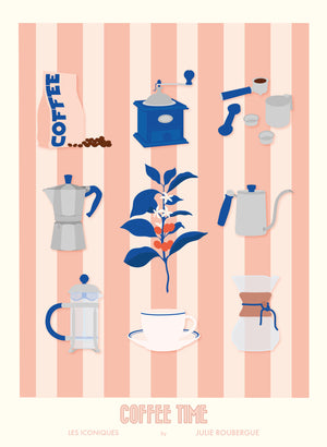 Illustration graphique d’objets liés au café sur fond à rayures incarnadin et crème, affiche "Coffee Time – Les Iconiques", version rose rétro.
