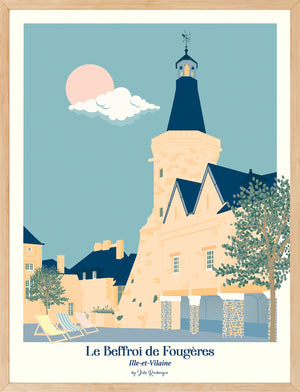 Affiche encadrée du Beffroi de Fougères, format 30x40 cm, mise en valeur dans un cadre décoratif pour intérieur élégant.
