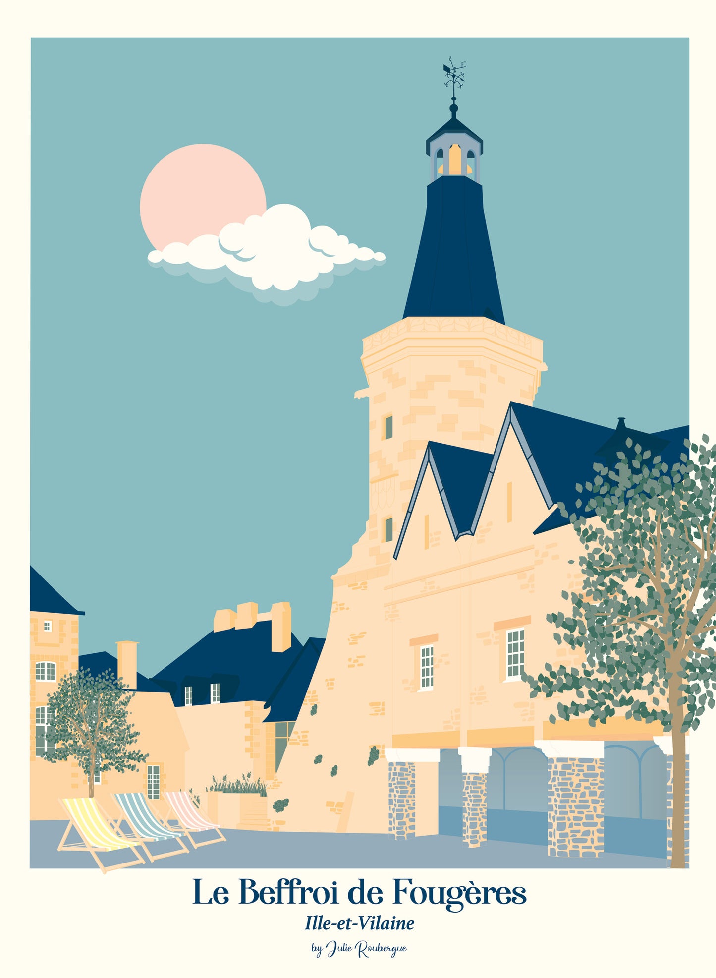 Affiche illustrée du Beffroi de Fougères, en Bretagne, dans des tons doux de bleu et sable, par Julie Roubergue.