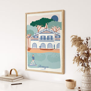 Affiche illustrée du lac d'Hossegor en décoration intérieure, ambiance bord de mer, idéale pour un salon ou une chambre cosy.