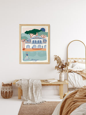 Affiche illustrée du lac d'Hossegor en décoration intérieure, ambiance bord de mer, idéale pour un salon ou une chambre cosy.