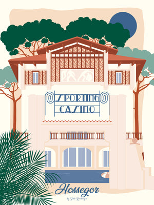 llustration du Sporting Casino d’Hossegor, affiche décorative inspirée de l’architecture basco-landaise et de l’Art Déco.