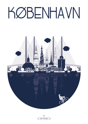 Affiche marine de Copenhague – illustration graphique des monuments emblématiques de la ville dans un style épuré et design.