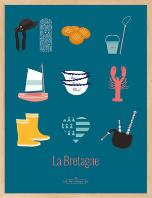 Affiche encadrée La Bretagne – Les Iconiques, fond canard, format 30x40 cm, parfaite pour une déco moderne et régionale.