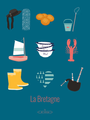 Affiche La Bretagne – Les Iconiques, fond bleu canard, objets bretons illustrés avec style et humour.