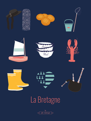Affiche La Bretagne – Les Iconiques, fond bleu marine, icônes bretonnes graphiques pour décoration murale.