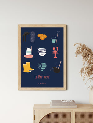 Affiche décorative La Bretagne – Les Iconiques mise en scène dans un intérieur, avec ses objets emblématiques en version graphique.