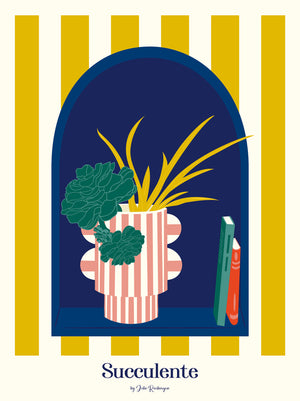 Illustration d’une succulente dans un vase graphique rayé, sur fond rayé ocre et bleu. Affiche végétale et déco moderne.