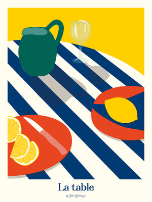 Illustration graphique d’une table d’été avec citrons, nappe rayée et verre de boisson fraîche. Affiche solaire et culinaire.