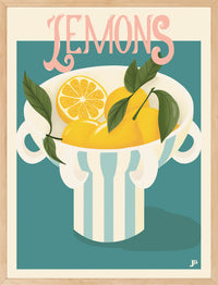 Affiche Lemons Bloom 30x40 cm avec citrons jaunes dans une coupe rayée, feuillage vert et fond vert d’eau, illustration décorative signée Julie Roubergue.