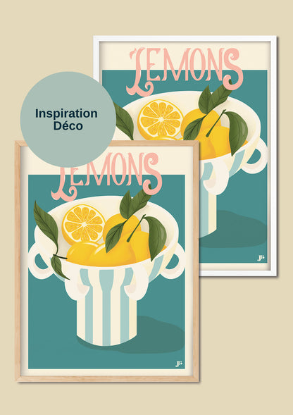 Affiche Lemons Bloom dans un cadre blanc ou noir, décoration murale graphique autour du citron pour une inspiration déco.