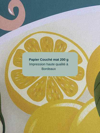 Gros plan sur l’affiche Lemons Bloom montrant les citrons et la qualité d’impression sur papier couché mat.