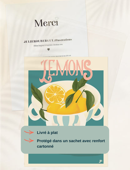 Affiche Lemons Bloom 30x40 cm livrée à plat sous blister avec fond cartonné, emballage soigné pour protéger l’illustration.