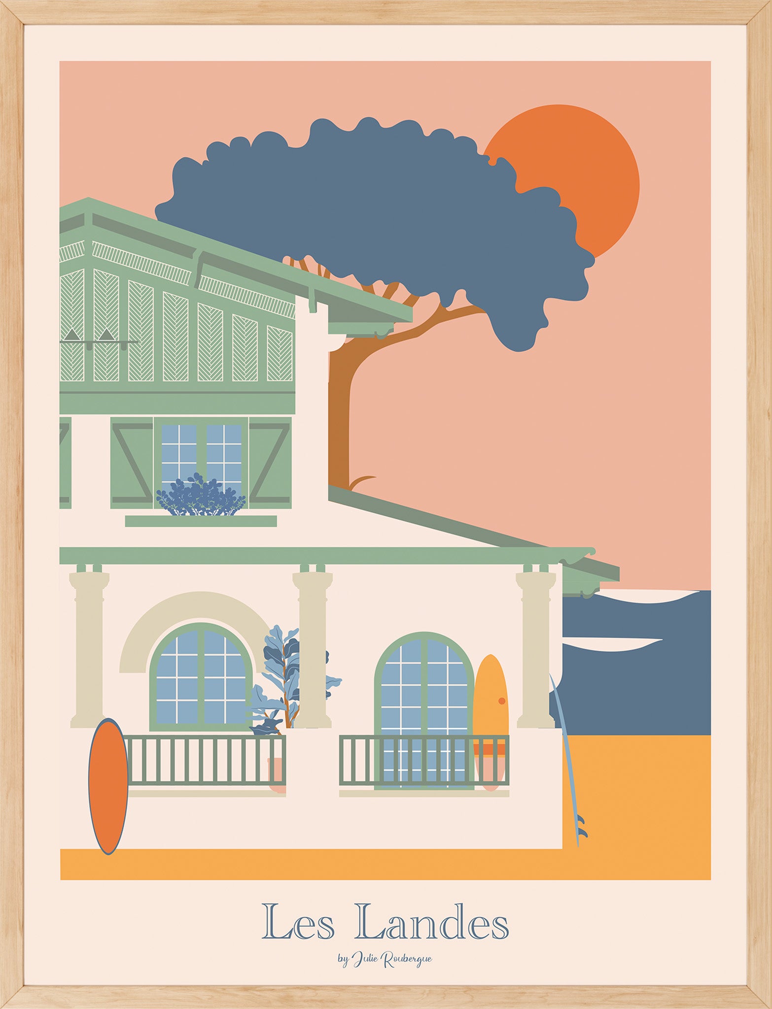  Affiche encadrée Les Landes - Bord de Mer, impression premium 30x40 cm, parfaite pour une décoration murale rétro et chaleureuse.