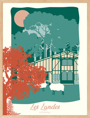 Affiche Les Landes – La Forêt encadrée, format 30x40 ou 50x70 cm, idéale pour une déco nature et chaleureuse.