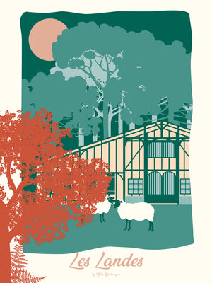 Illustration graphique des Landes avec maison traditionnelle, moutons et forêt de pins. Affiche au style nature et poétique.