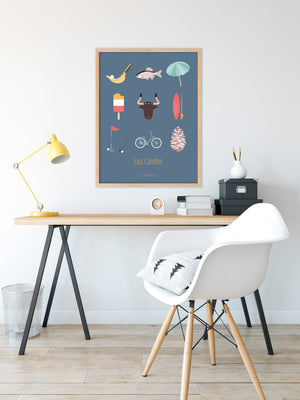 Affiche murale Les Landes – Les Iconiques en bleu, intégrée dans une galerie murale aux tons doux et graphiques