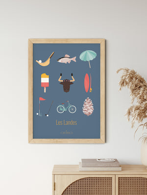 Affiche Les Landes – Les Iconiques en bleu, mise en scène dans une décoration murale naturelle et chaleureuse