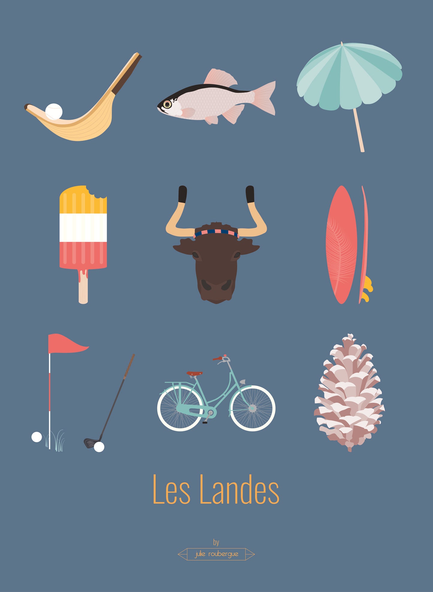 Affiche déco Les Landes – Les Iconiques en bleu, illustration graphique de 9 symboles landais sur fond bleu.