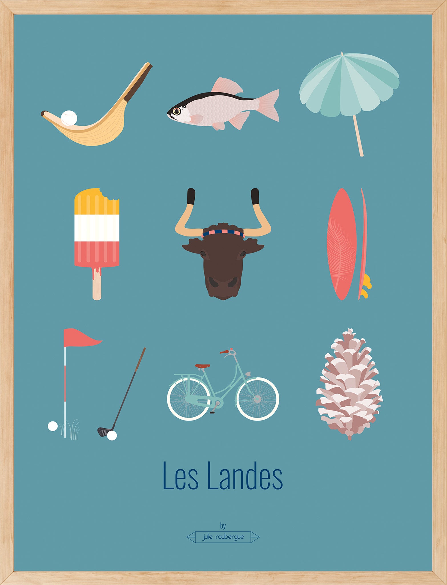 Affiche Les Landes – Les Iconiques fond turquoise, encadrée avec baguettes en chêne