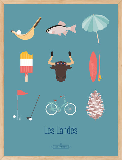 Affiche Les Landes – Les Iconiques fond turquoise, encadrée avec baguettes en chêne