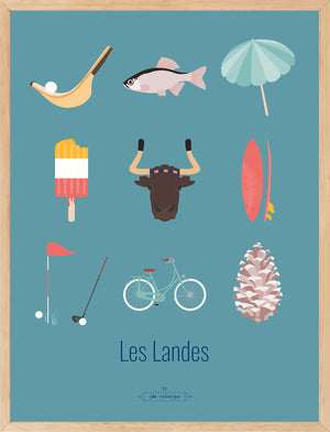 Affiche Les Landes – Les Iconiques en turquoise, encadrée dans un espace lumineux au style estival