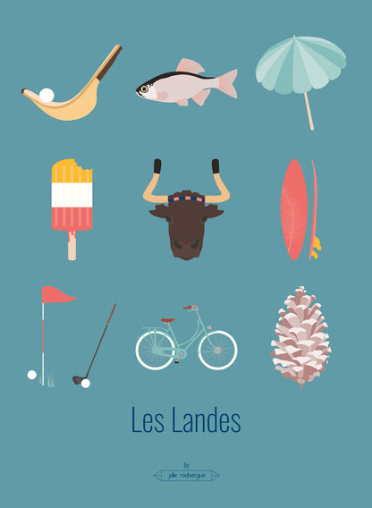 Affiche déco Les Landes – Les Iconiques , illustration graphique de 9 symboles landais sur fond turquoise.